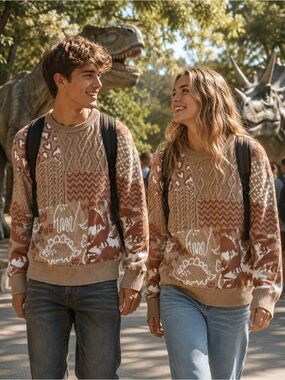 YWFG Vintage Dinosaur Cable Knit Tan Sweater Patchwork Novelty Size Large Unisex
